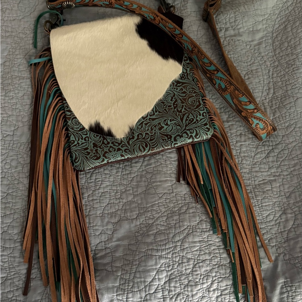 Myra Brown and Teal Fringe Leather Bag